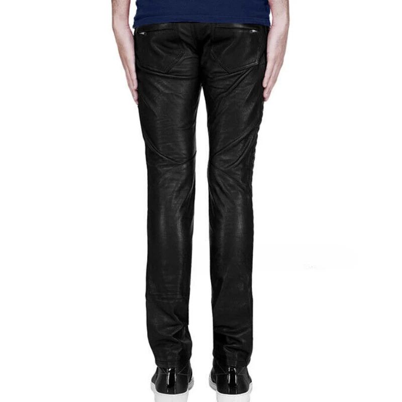 Men's High-quality Natural Leather Pants Black Slim Fit Jeans Fashionable Trend