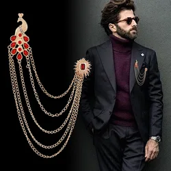 New Retro Brooch Pin Badge for Men Suit Peacock Tassel Collar Pins with Chain Shirt Crystal Corsage Luxury Jewelry Accessories