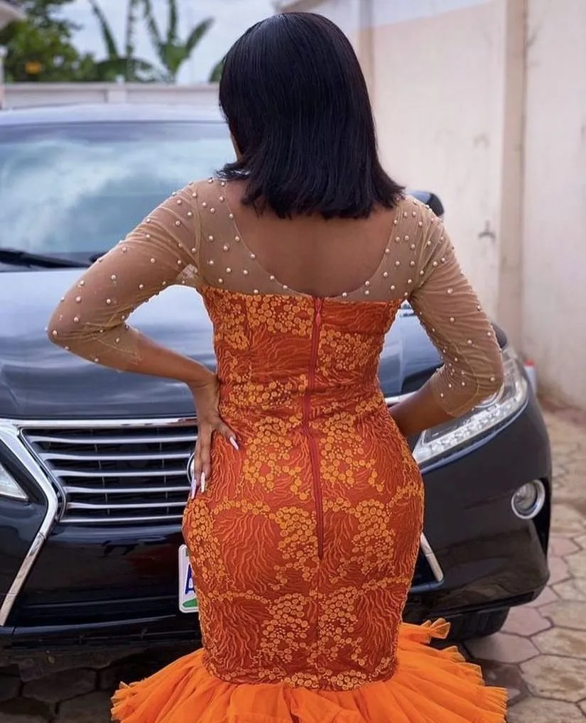 Moda laranja rendas ilusões vestidos de baile aso ebi vestido de festa frisado plissado tule vestidos de noite para mulher