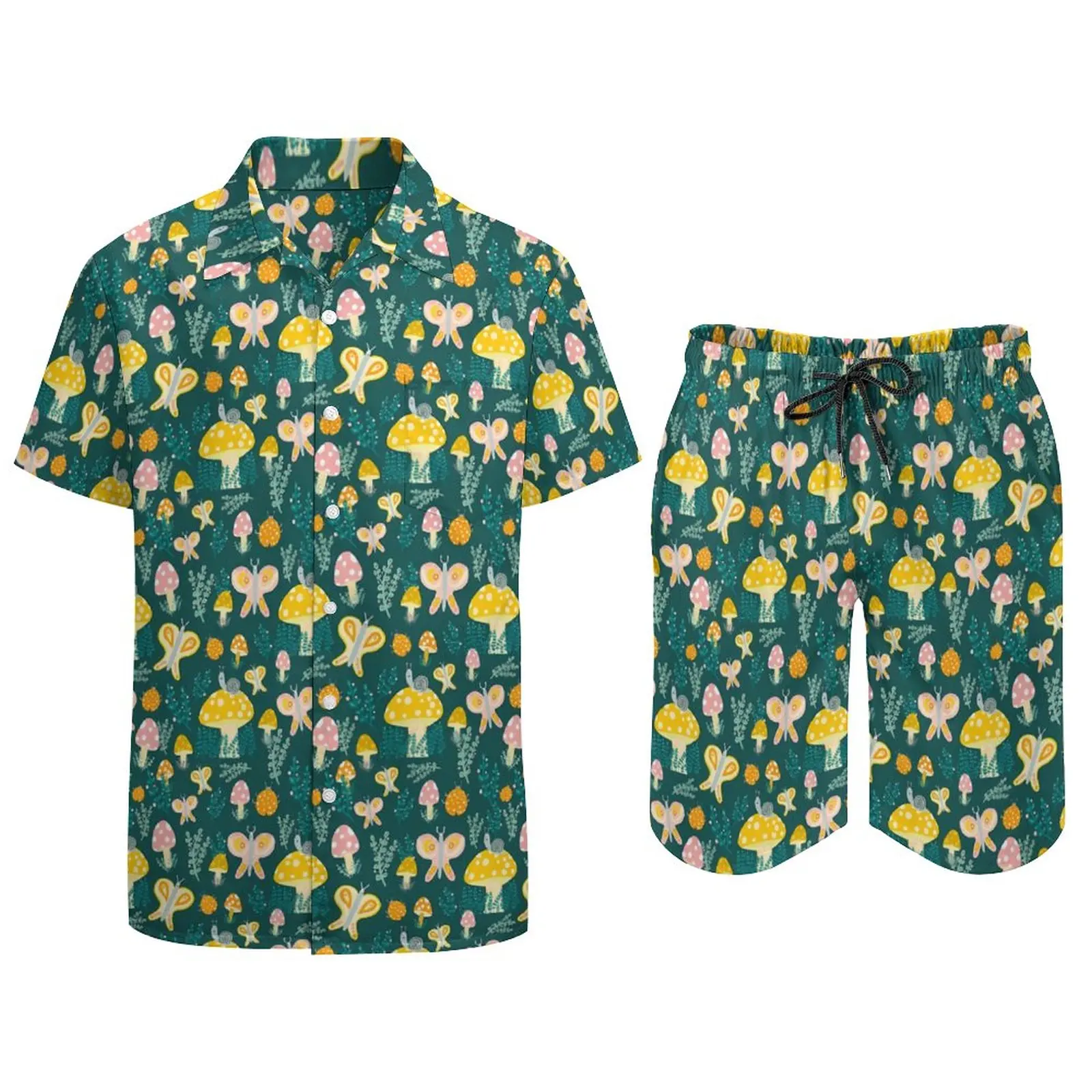 Magic Mushroom Beach Men Sets Cute Butterflies Snails Casual Shirt Set Summer Pattern Shorts 2 Piece Hawaiian Suit Large Size