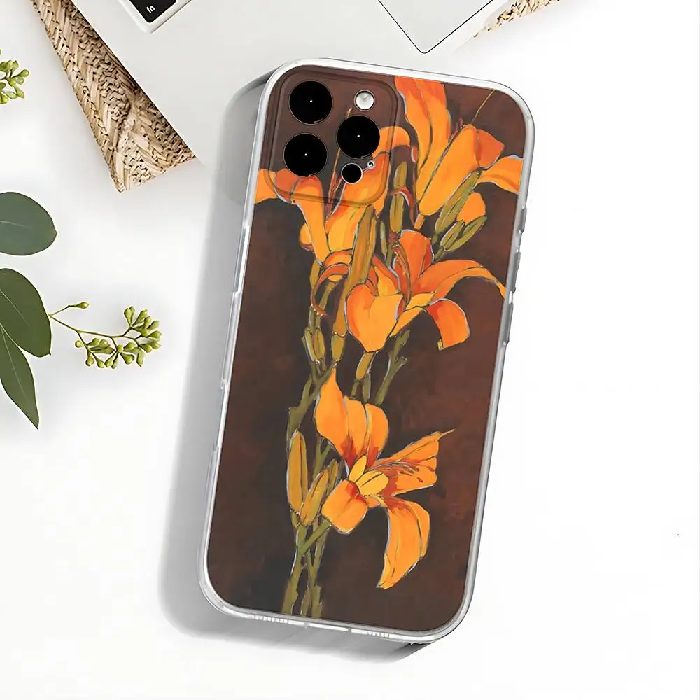 Etui na telefon z motywem pomarańczowych kwiatów do iPhone'a 17, 16, 15, 14, 13, 12, 11 Pro, Max, Plus, X, XS, XR, SE4, E Mini, przezroczyste, miękkie.