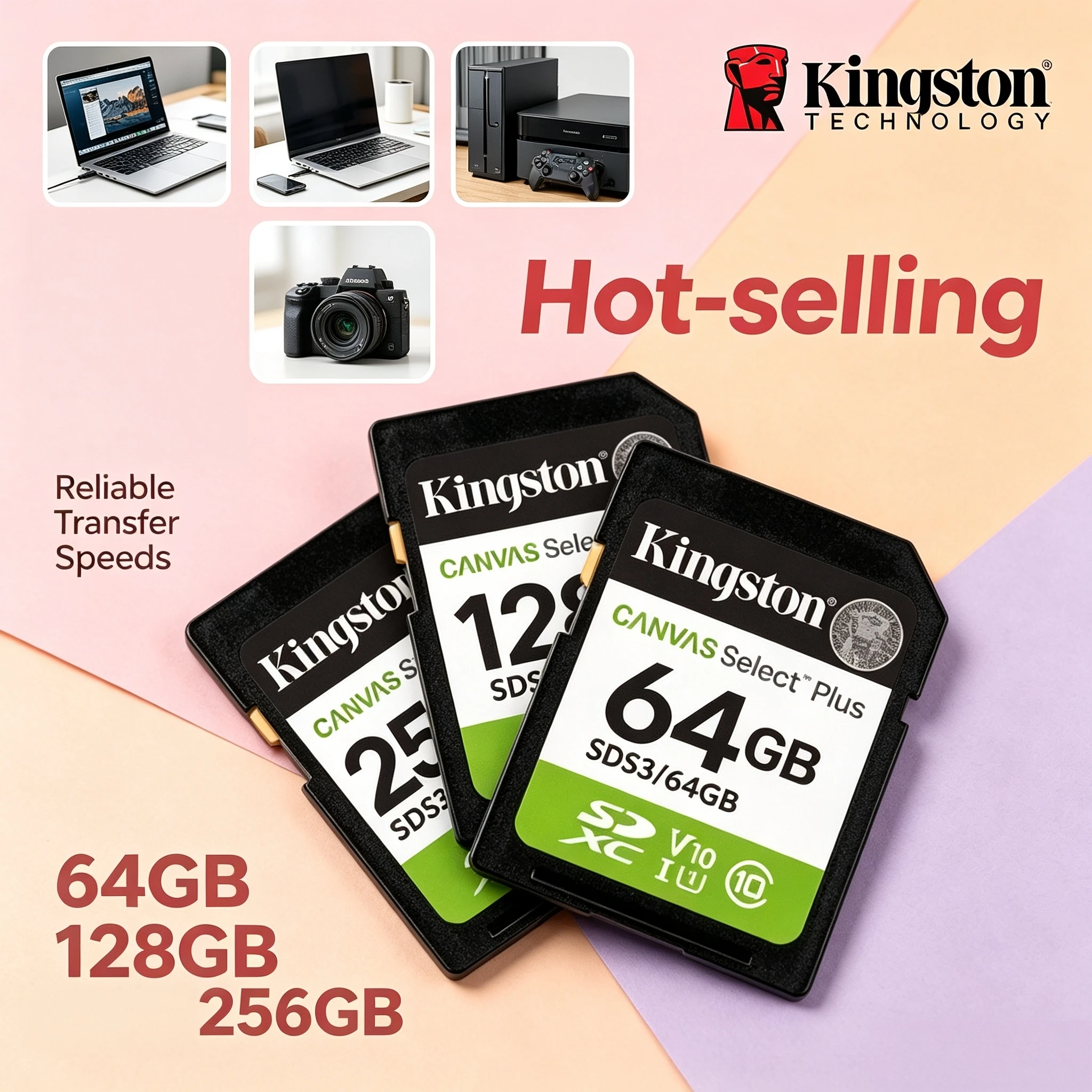 NEW 64GB128GB256GB Kingston Canvas Select Plus SDXC SDS3 Card Full HD 1080p Video Memory for Cameras Flash Disk Original Quality