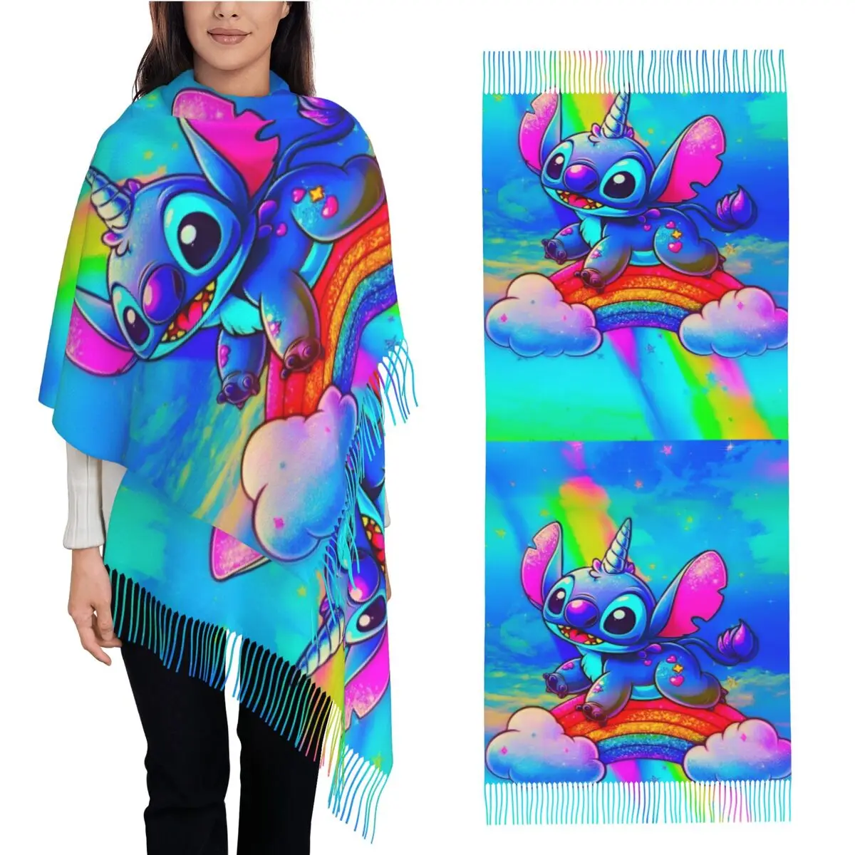 Stitch Cartoon HD Printed Scarf with Tassel Warm Shawl Wraps Ladies Custom Scarves Wraps Winter Luxury 2024 Foulard