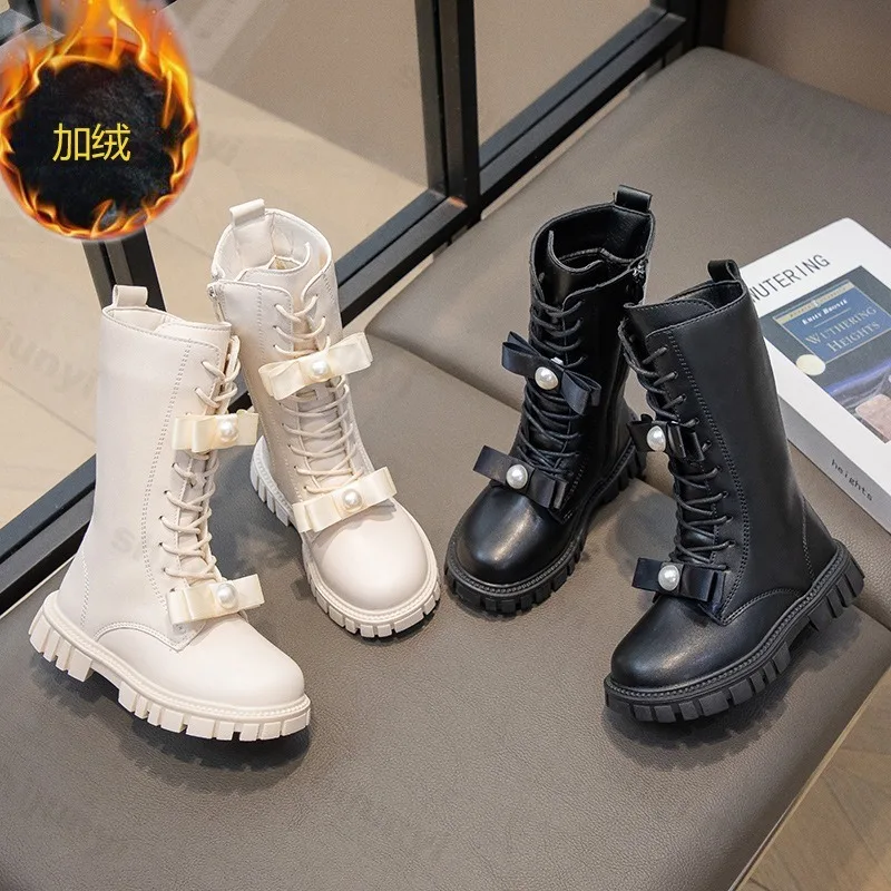 Autumn Girls Long Leather Boots 2025 Soft Soled Kids Fashion Princess Boots Bowknot Non-slip Outdoor Plush Warm Children Boots