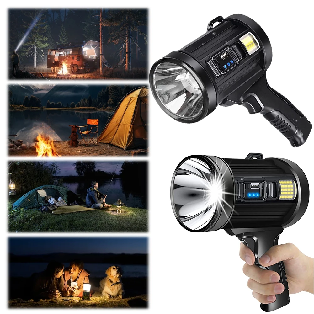 

Rechargeable Spotlight Handheld Hunting Flashlight Led Spot light with Cob Light and Solar Panels Super Bright Solar Searchlight