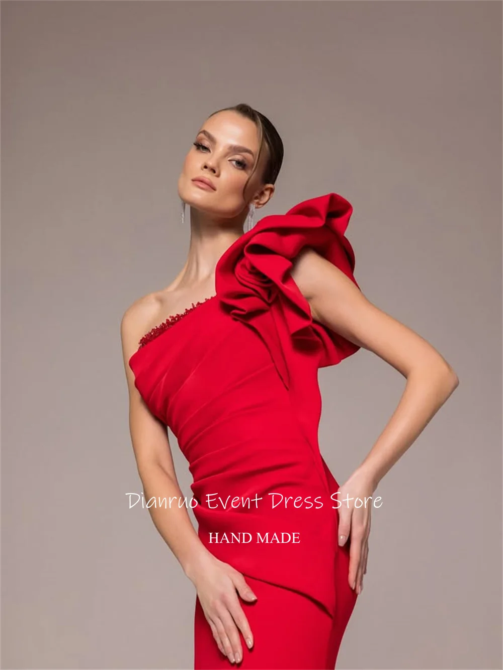 Dianruo rouge une épaule robe De soirée élégant Satin volants robes De Fiesta plissé sirène robe De soirée De mariage personnalisé