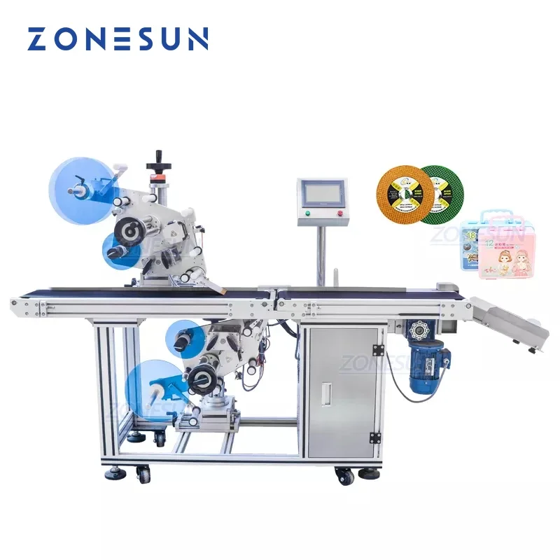 ZONESUN آلة وضع العلامات على الزجاجات المسطحة ذات الجانب المزدوج التلقائي صندوق لاصق الطائرة العلوي والسفلي ملصق تلقائي لسطح مسطح