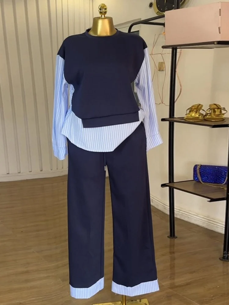 

Wmstar Two Piece Set Women Wholesale Woman 2025 Summer New Fashion Round Neck Striped Top High Waisted Trousers Casual Suit