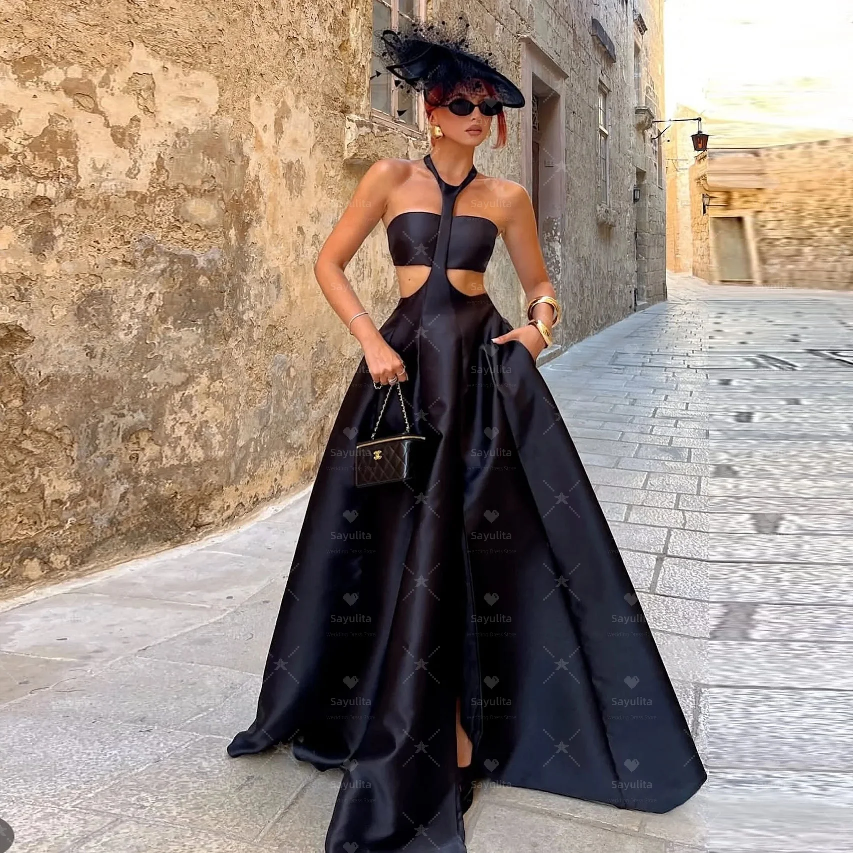 

Sayulita Black Satin A Line Long Side Slit Prom Dresses Halter Neck Sexy Top Vestidos Des Evening Party Dress Customized