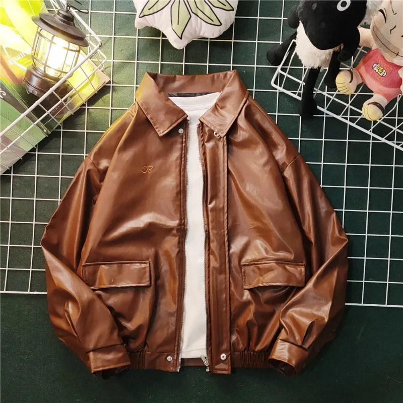 

Men's Oversized Casual Brown PU Leather Jacket Autumn Winter American Style Flight Bomber Coat for Youth