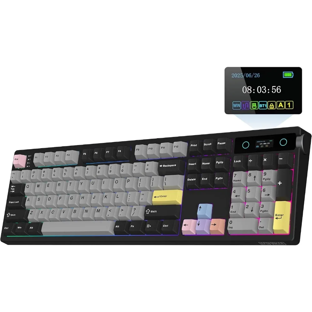 Full Size Mechanical Keyboard with Screen and Knob: Wireless Gaming, 10000mAh Battery, Creamy Gasket, Hot Swap, RGB Backlight