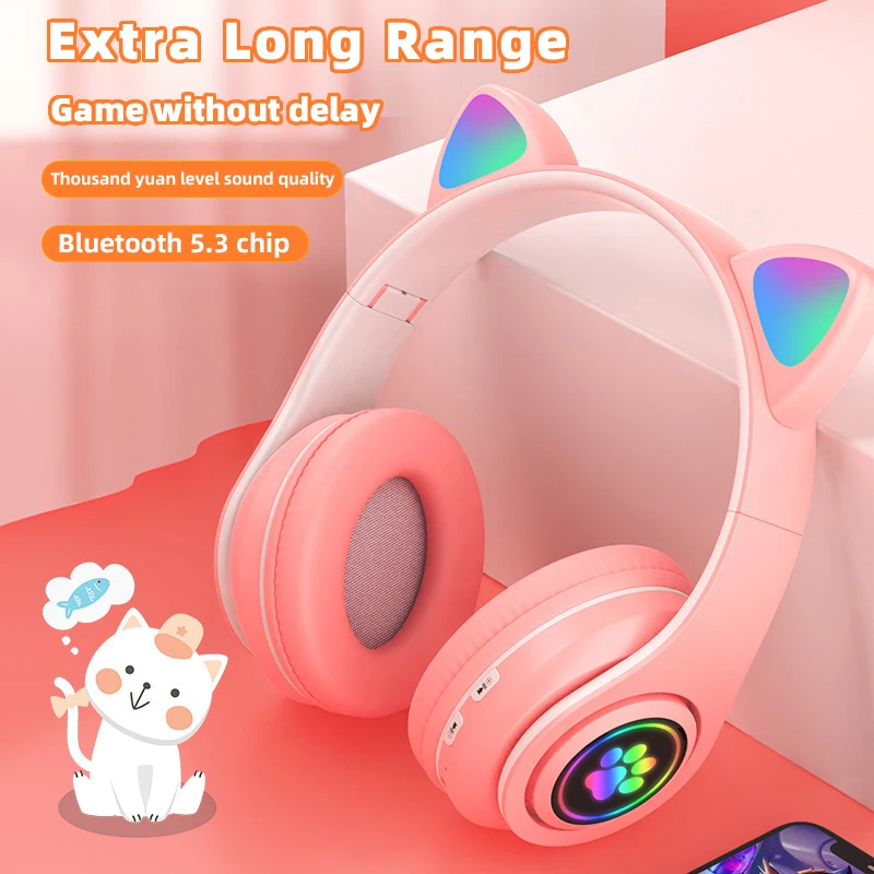 P91H,Cute Cat Ears BT Wireless Headphone Com Mic E Flash Light, Capacete De Música Estéreo LED, Fone De Ouvido Dobrável, Pres