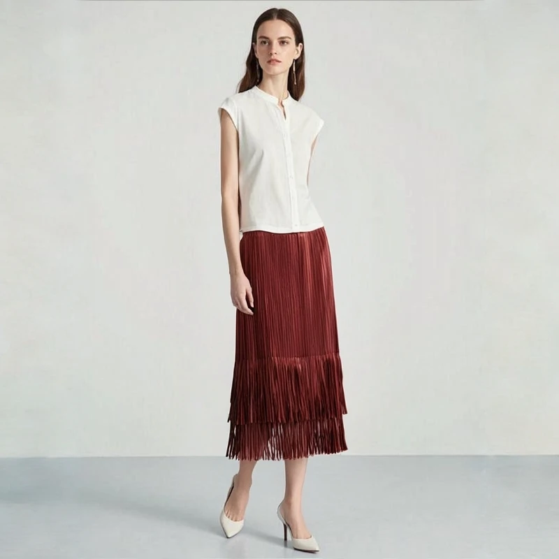 

Miyake Pleated Half Skirt for Women, Retro and Slimming, Exquisite Half Skirt with Wrapped Buttocks, Tassels, and Pleats