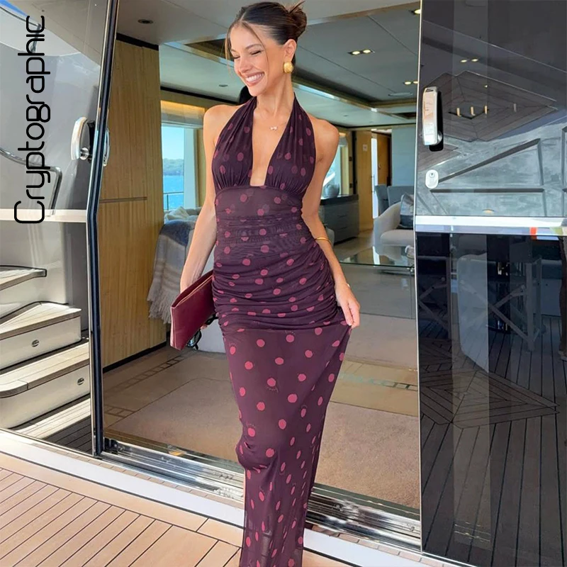 

Cryptographic Purple Polka Dot Halter Neck Plunge Maxi Dress Ruched Waist Backless Sleeveless Summer Beach Vacation Long Dresses