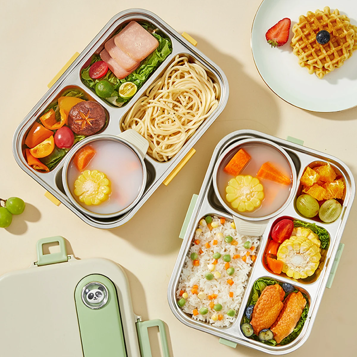 WORTHBUY Bento Lunch Box Portable 304 Stainless Steel Food Storage Containers,4/5 Grid Dinner Plate With Insulation Bag Food Box