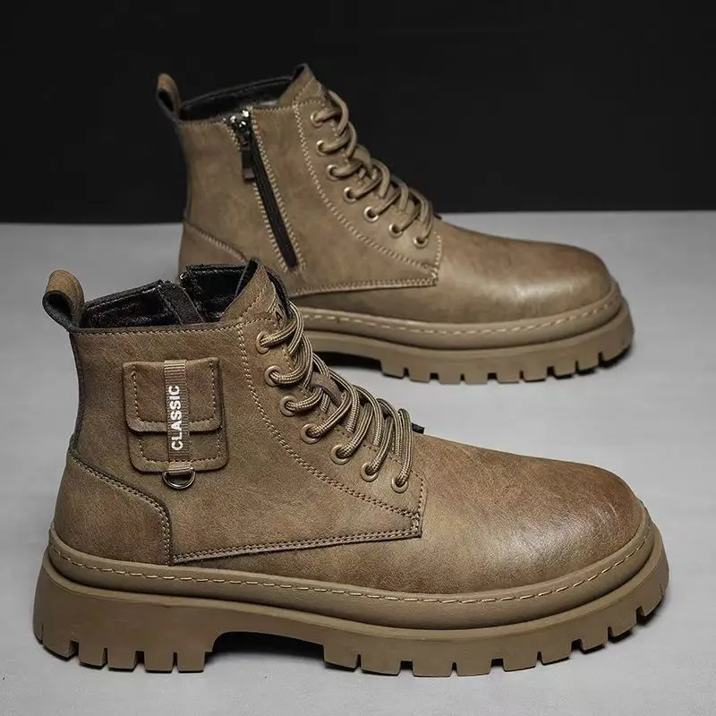 

Men Leather High Top Lace Up Work Boots Autumn Winter New Thick Sole Non Slip Waterproof British Style Ankle Motorcycle Boot