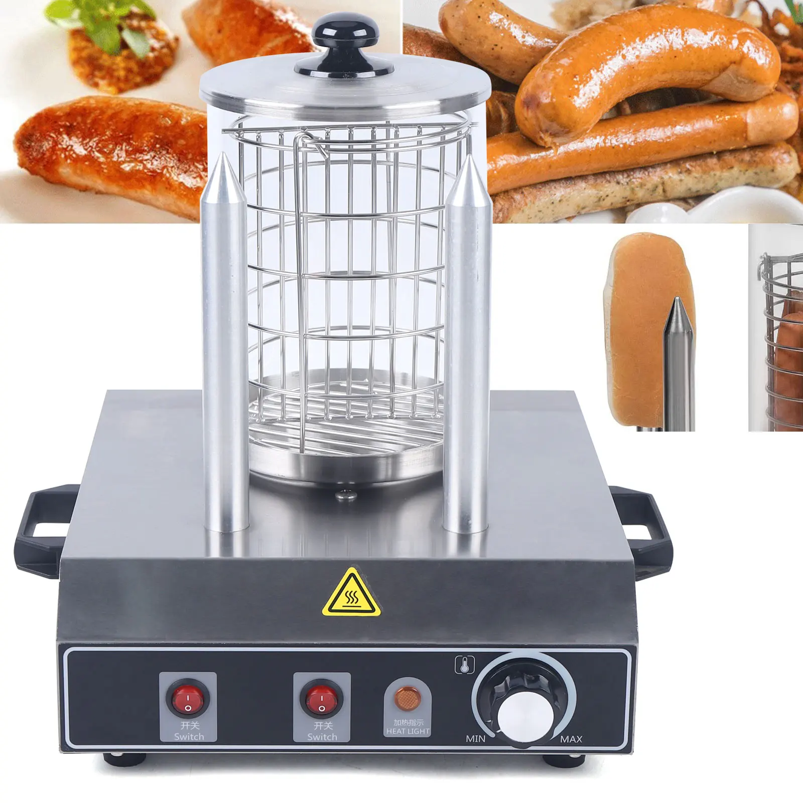 422W Hot Dog Machine Sausage Warmer Steam Container Commercial Hot Dog Device With 2 Heating Skewers