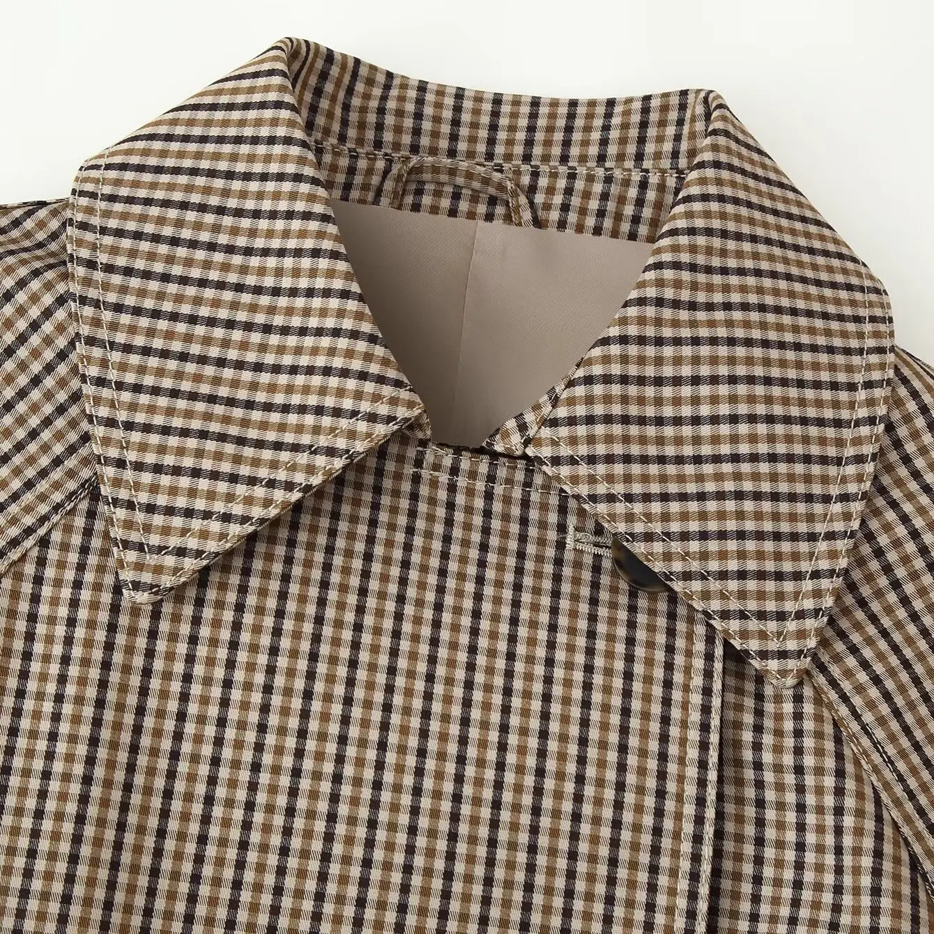 KASLEAD Fashionable Plaid Belted Straight Cut Short Coat New Women's Clothing Style European Style Long Sleeve Polyester Fiber