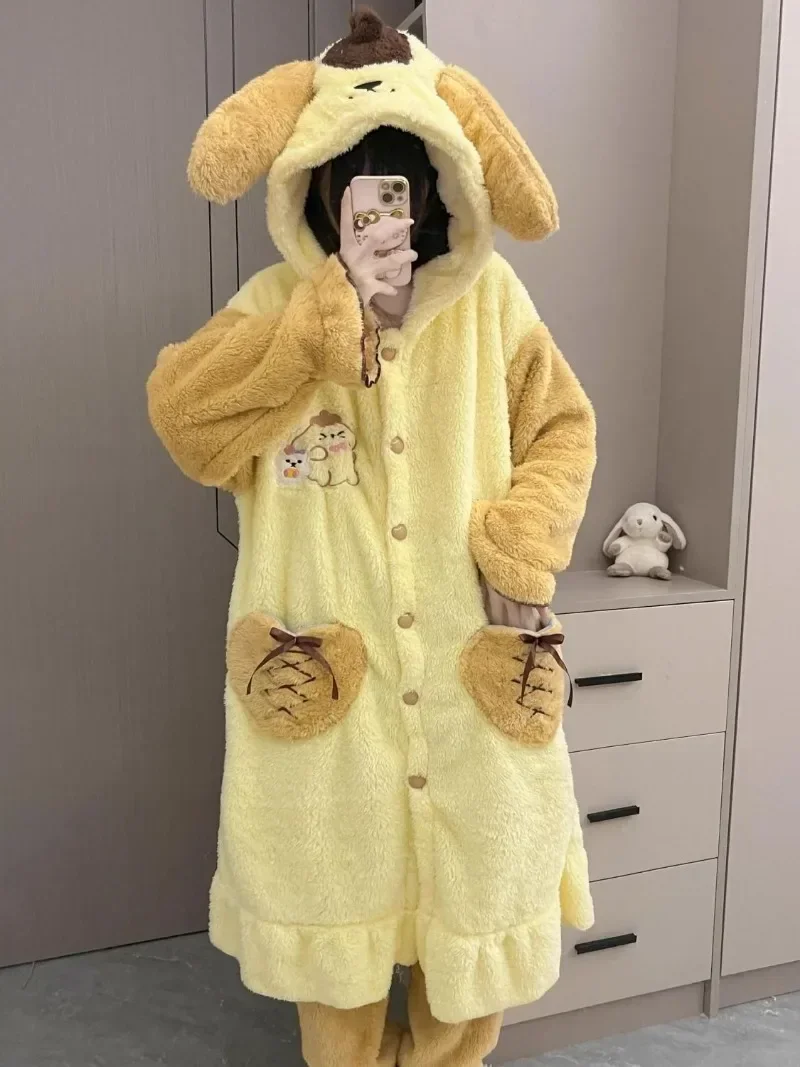 Sweet PomPomPurin Anime Sanrio Ins Kawaii Fashion Velvet Thick Pajamas Cute Cartoon Soft Wearing Nightgown Home Cloth Gifts