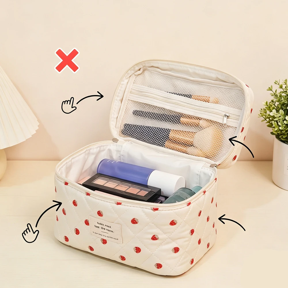 Handtasche mit Erdbeer- und Beerenmuster, ideal zum Aufbewahren von Kosmetikartikeln, im süßen College-Stil, eine schöne Aufbewahrungstasche für Mädchen, vielseitig einsetzbar und mit großem Fassungsvermögen, ein kleines Geschenk für die Freundin. – Detail 6