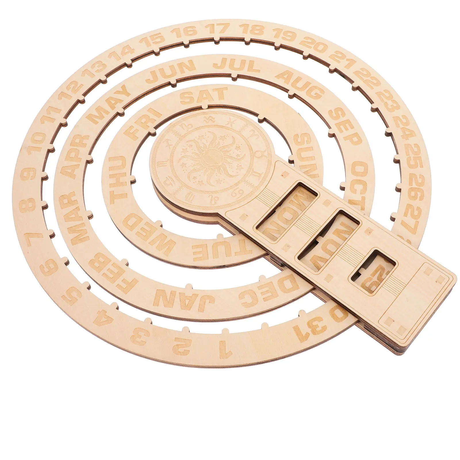 Rotating Wooden Perpetual Calendar Wall Hanging Vintage Mechanical Design Adjustable Date Month Day Display for Desk Bookshelf