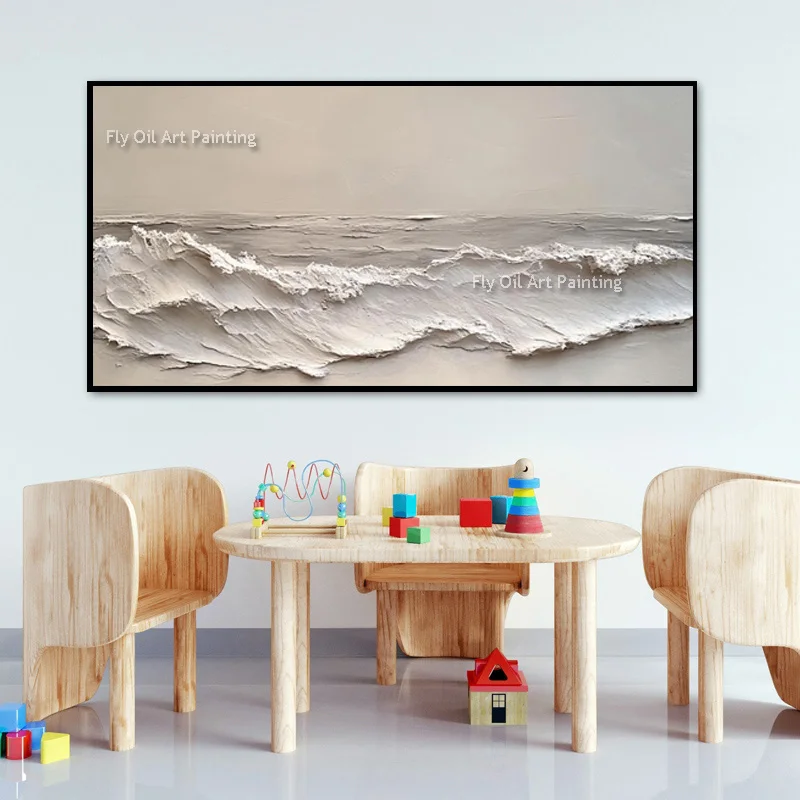 Popular Beige White Large Ocean Wave Knife Thick Wall Art Decor For Living Room New Original Green White Landscape Oil Painting