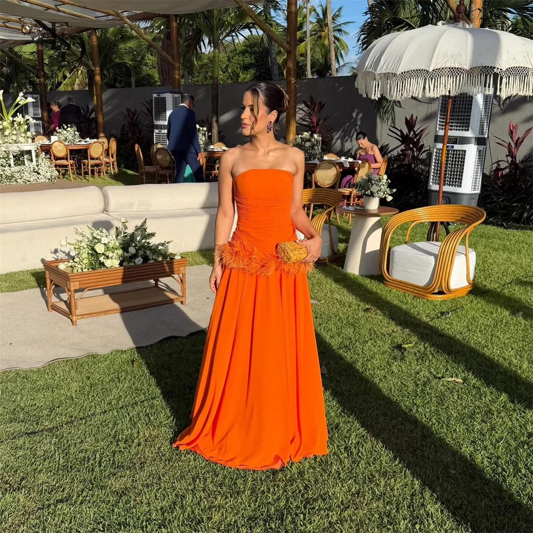 EDECPBM Chiffon Strapless Orange A-Line Evening Dress 2026 Prom Dress Elegant Formal Evening New Customized Robes de Soirée