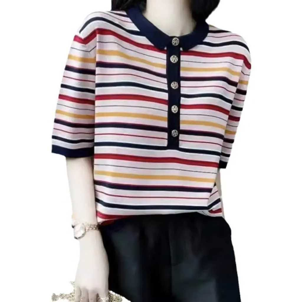 

High-End Women's Striped Sweater Slimming Metal Button Small Lapel Top for Spring/Summer Fashionable Color Matching Design