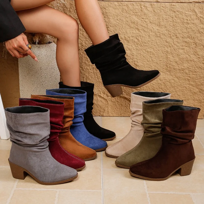 Retro Concise Style Round Toe Mid Heel Women's Mid Calf Boots 2026 Fashion Solid Color Pleated Chunky Heel Daily Women Boots