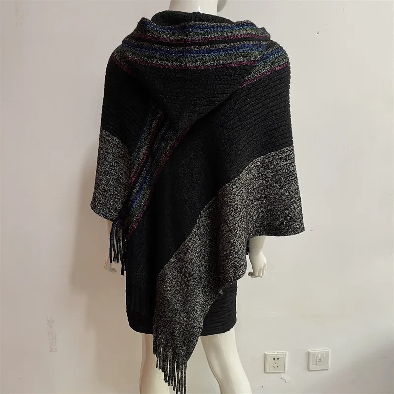 

Cloak shawl hat colorful silk new style European American Spring Autumn Women Tassel Double-purpose Imitation Cashmere Black