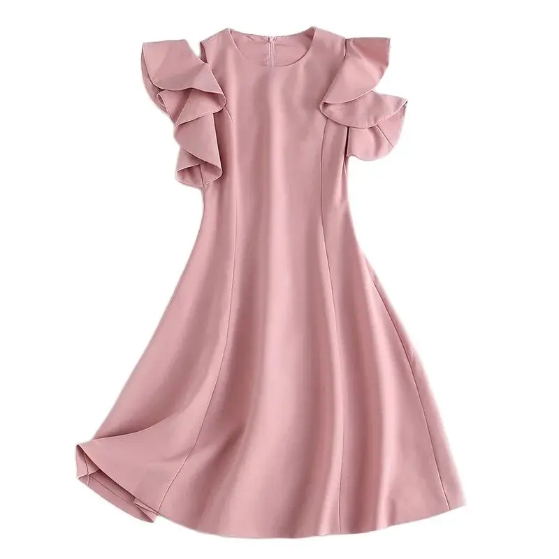 

Women's Pink A-line Dress, Lotus Sleeve, Monochromatic, Age Reduction, Spring and Summer Fashion, New, 2024