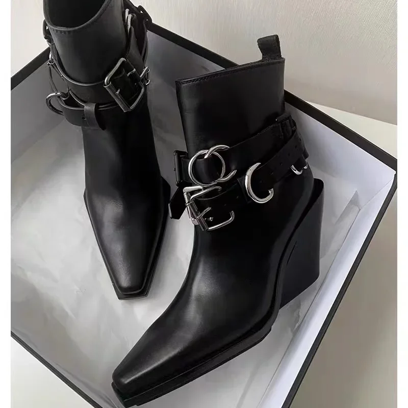 

Black Square Toe Belt Buckles Wedge Short Boots Woman Winter 2025 8Cm Slip-On Short-Tube Ankle Boots Fashion Shoes for Women