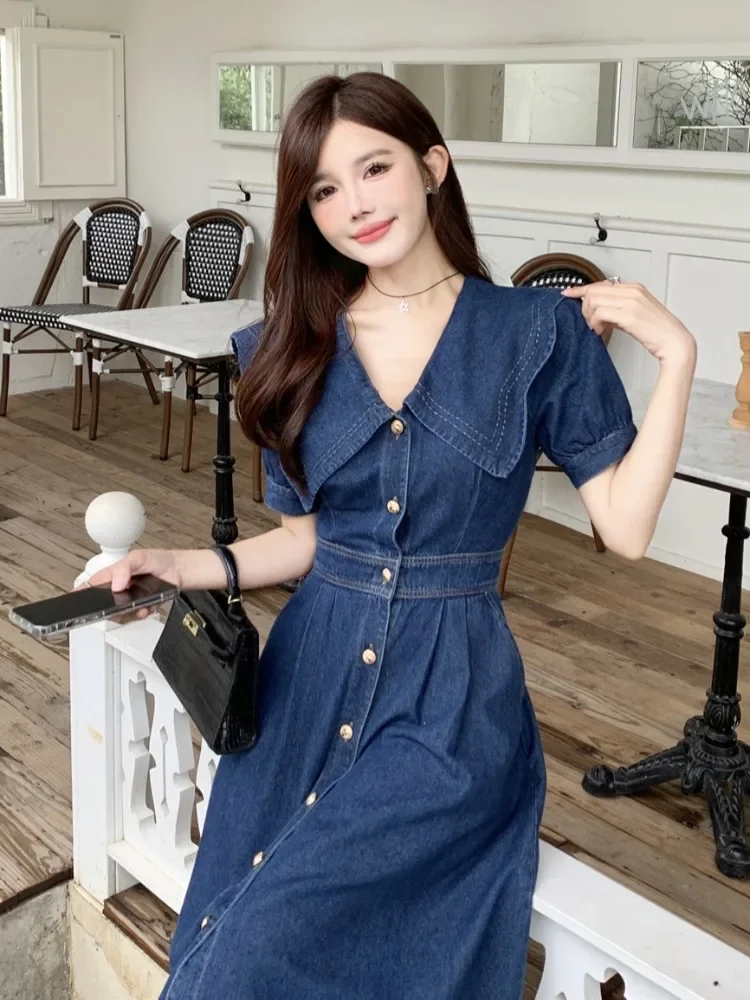 Temperament Summer Women\'s Denim Dress Elegant Turn-down Collar Short Sleeve Single Breasted Oversized Midi Dress CY400