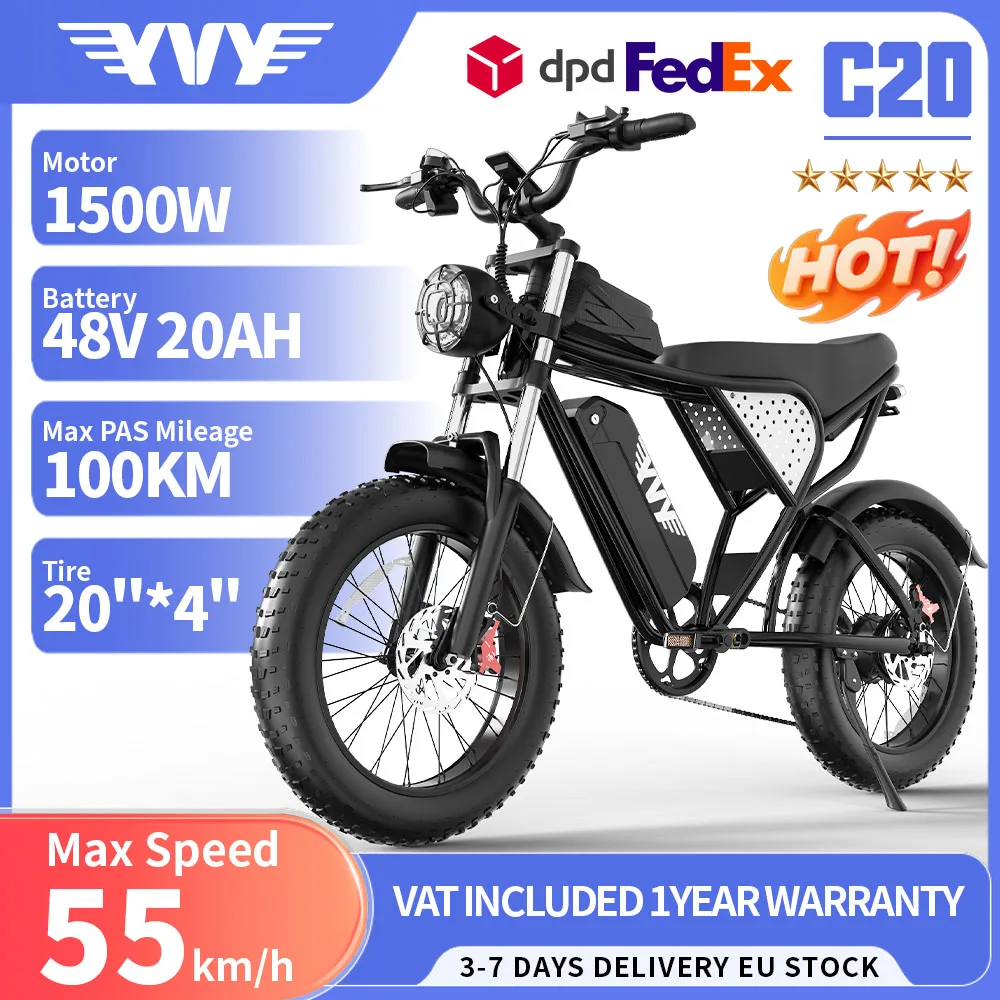 Bicicletta elettrica Ridstar Q20/YVY C20 con motore da 1500W, batterie ad alta capacità 48V20AH, velocità massima 55KM/H, autonomia massima 100KM, modalità PAS, pneumatici fat 20*4.0, bicicletta da