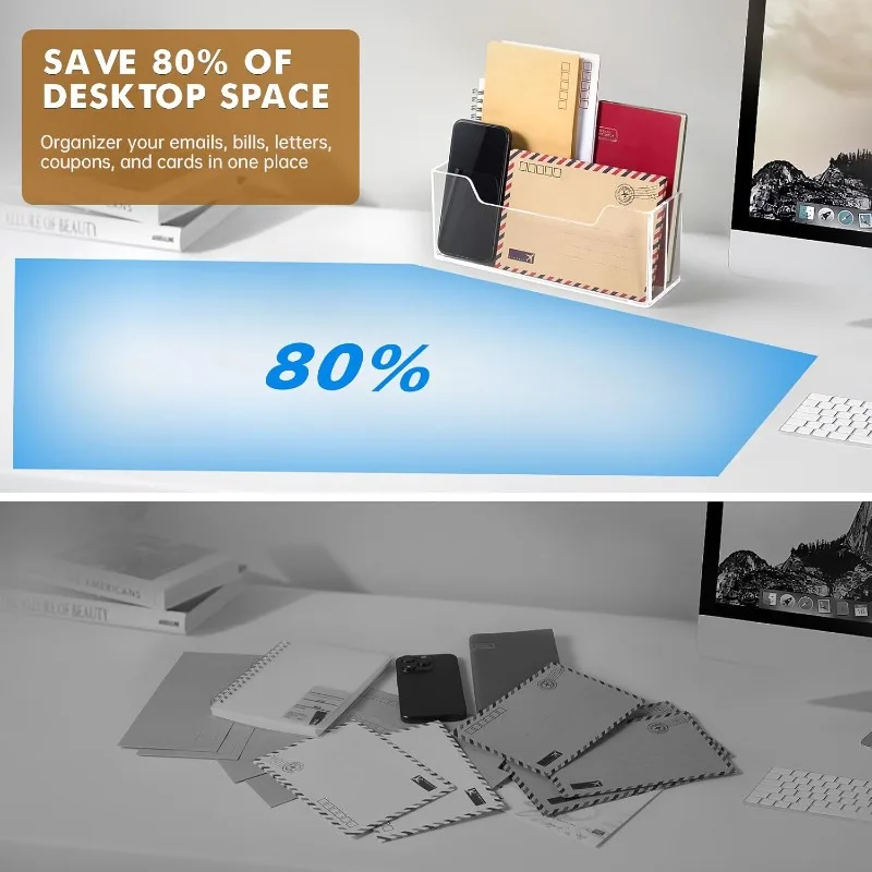 حامل رسائل أكريليك شفاف - منظم بريد بفتحتين (يحتوي على 10 أظرف) مثبت على الحائط/سطح كونترتوب للمكتب المنزلي #6