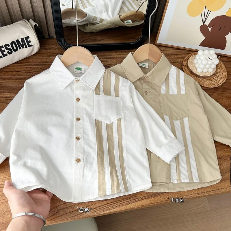 

HoneyCherry New Boys Cotton Washed Soft Stripe Long Sleeve Shirt White Blouse School Uniform for Boys