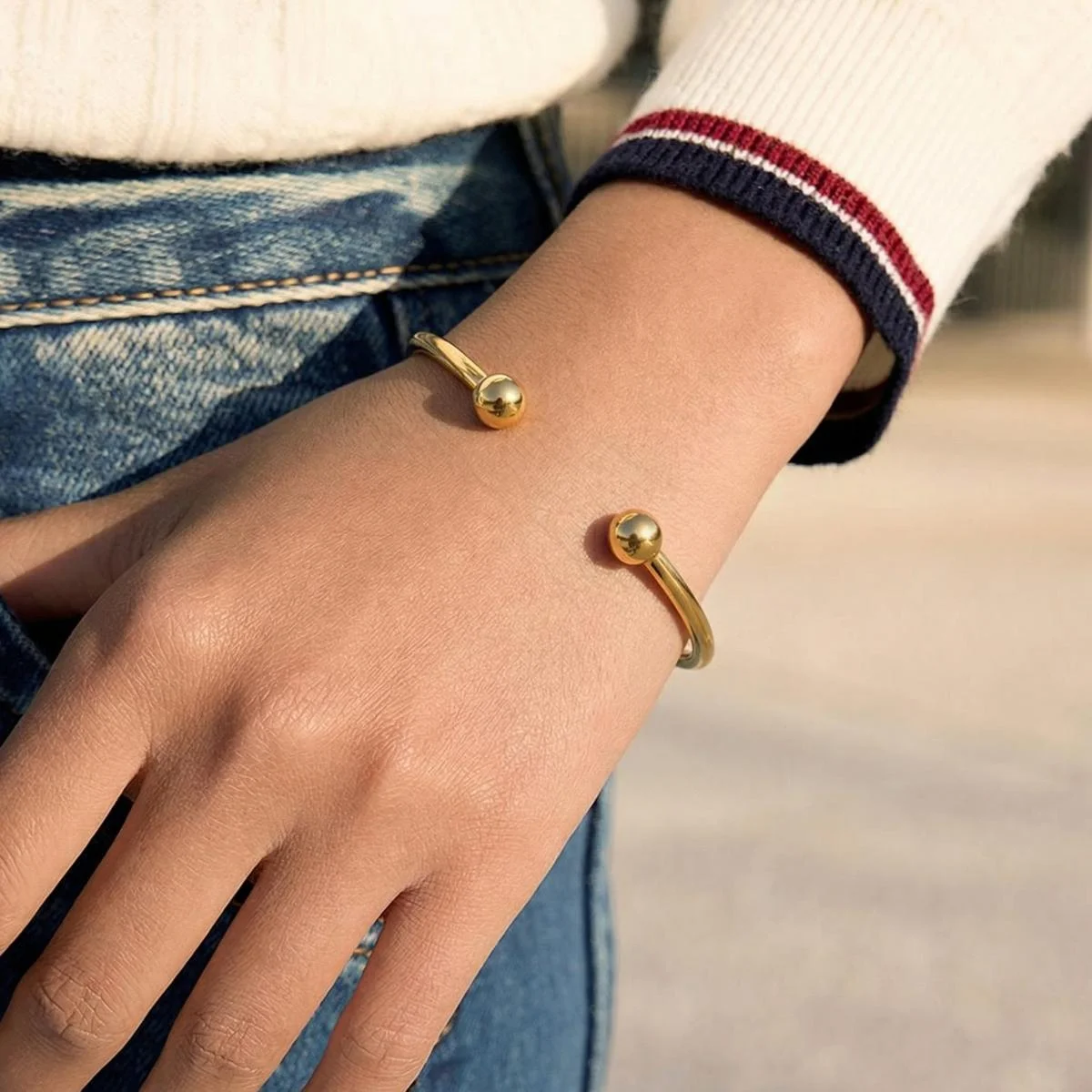 Miia Minimalism Cuff Open Bracelet Bangle for Women 18K Gold PVD Plated Stainless Steel Texture Wrist Daily Jewelry