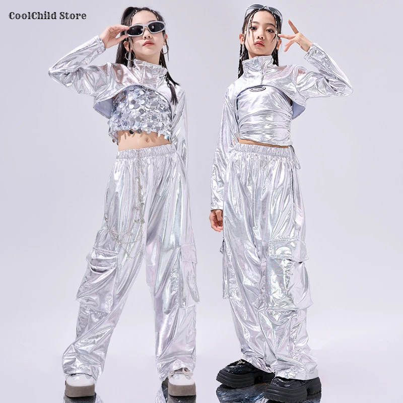 

Girls K-pop Silver Sequin Crop Top Street Dance Cargo Pants Kids Hip Hop Shiny Streetwear Children Jazz Girl Group Clothes Sets