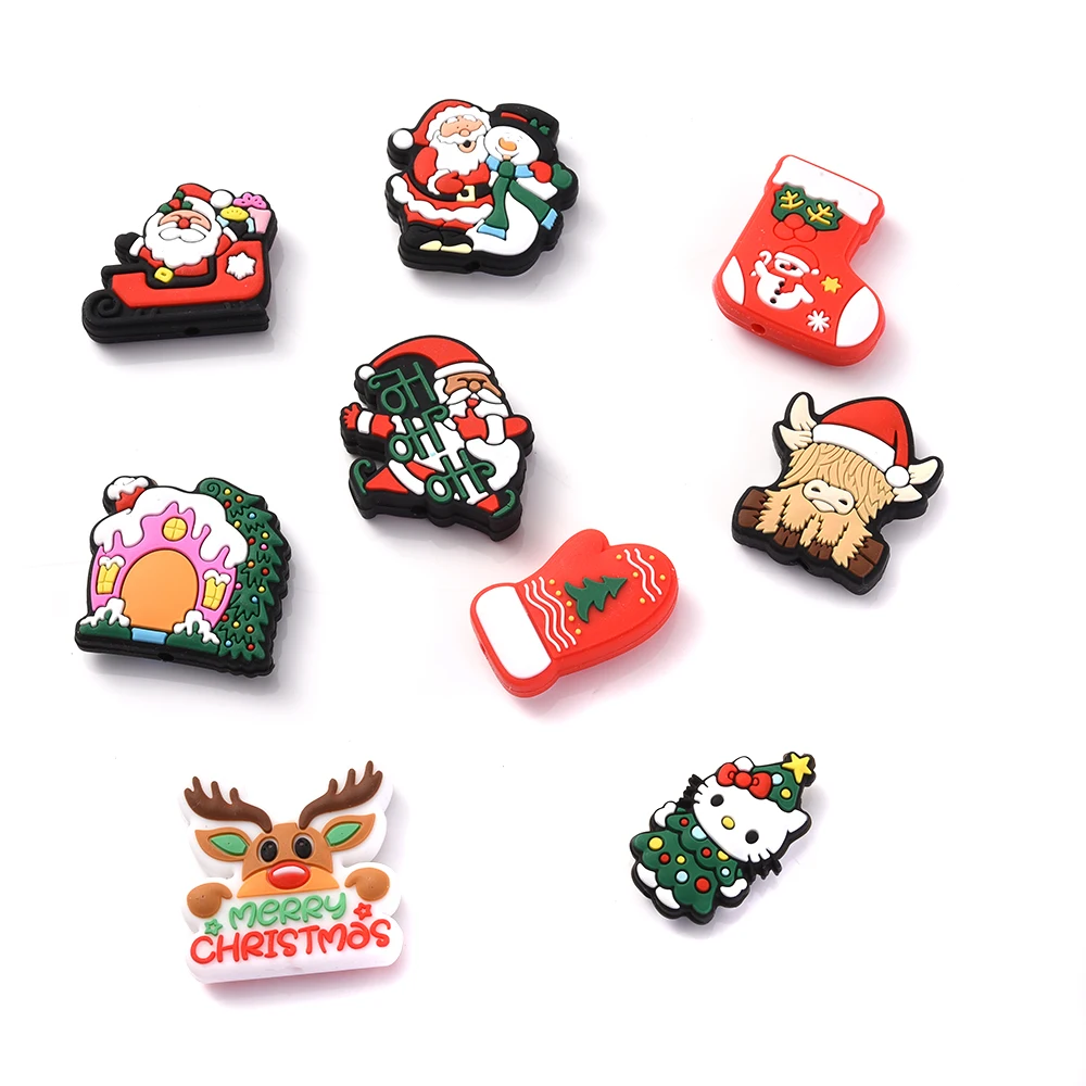 10Pcs Christmas Silicone Beads Cute Santa Claus Spacer Beads Diy Beadable Pen Bracelets Material Accessories for Jewelry Making