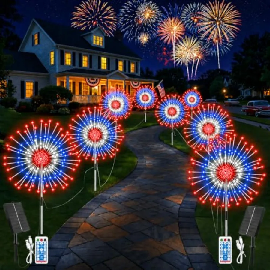 

4th of July Decorations: Outdoor Solar Fireworks Lights, 8-Pack 1440 LED, Red White Blue Patriotic, 8 Modes + Remote + Timer, W