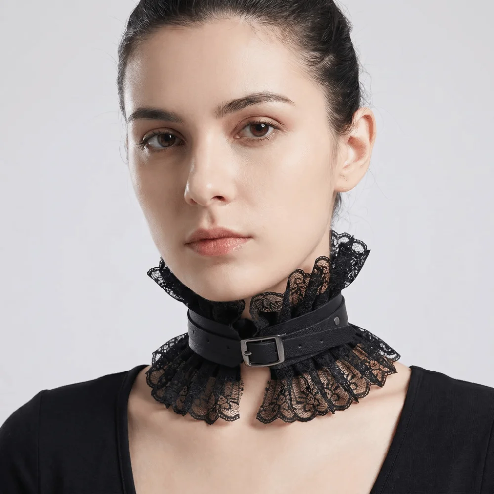 Black Red Color Pu Leather Choker Vintage Style Ruffled Floral Lace Lace Lolita Choker Chunky Adjustable Gothic Neck Ruff