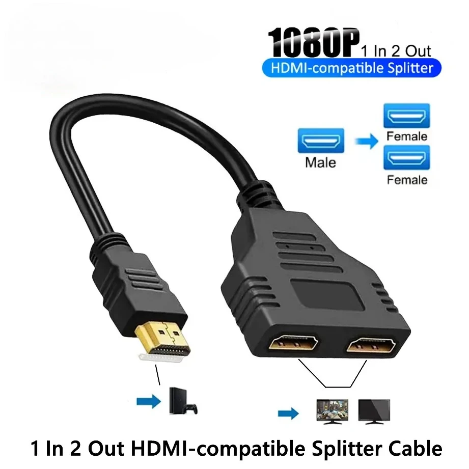 Cable Divisor HDMI 1 Entrada 2 Salidas 1080P HD, Adaptador de Doble Puerto para TV Box, PC, Laptop, PS4, Xbox a Monitor, Proyector, TV, Conector Chapado en Oro