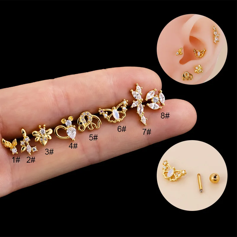 1PC Butterfly Flower Crystal Tragus Ear Piercing Surgical Steel Shaft Bar Daith Earrings For Women Girls Helix Cartilage Studs