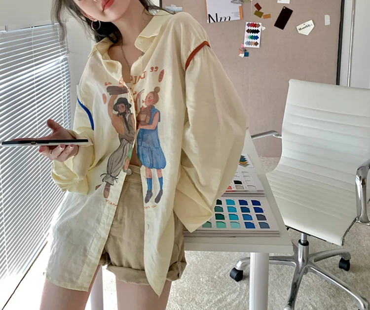 Ins New Long Loose Shirt Women Turn-Down Cartoon Print Blouse Casual Feminina Spliced Blouses Chic Tops Tunic Women Shirts NS168