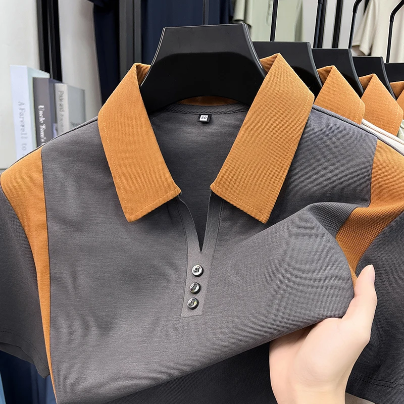 Hochwertiges Marken-Poloshirt aus Seide und Baumwolle mit kurzen Ärmeln bequemes atmungsaktives Herren-T-Shirt Sommer neue Mode Farbblockierung lässiges Oberteil – Detail 14