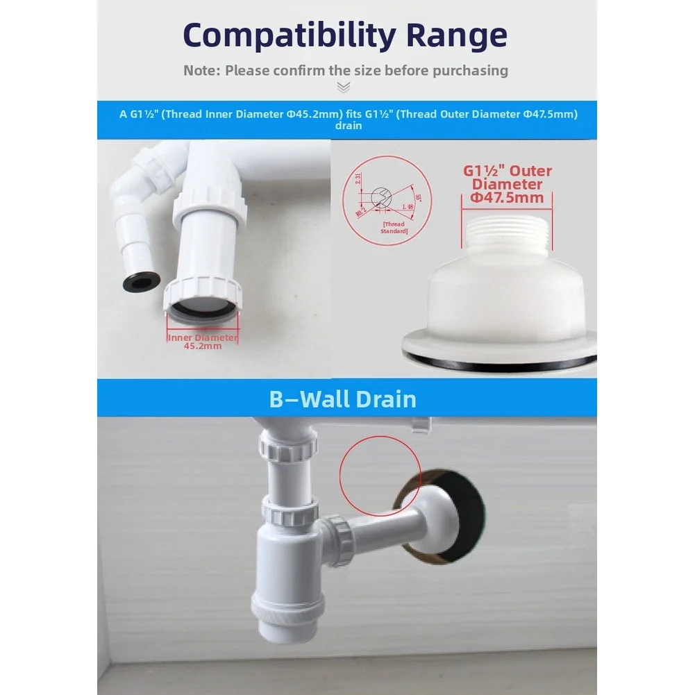 Double Drain Pipe for Wall Mounted Sink Featuring U-Shaped Trap Design to Prevent Smells Using Thick PP Construction