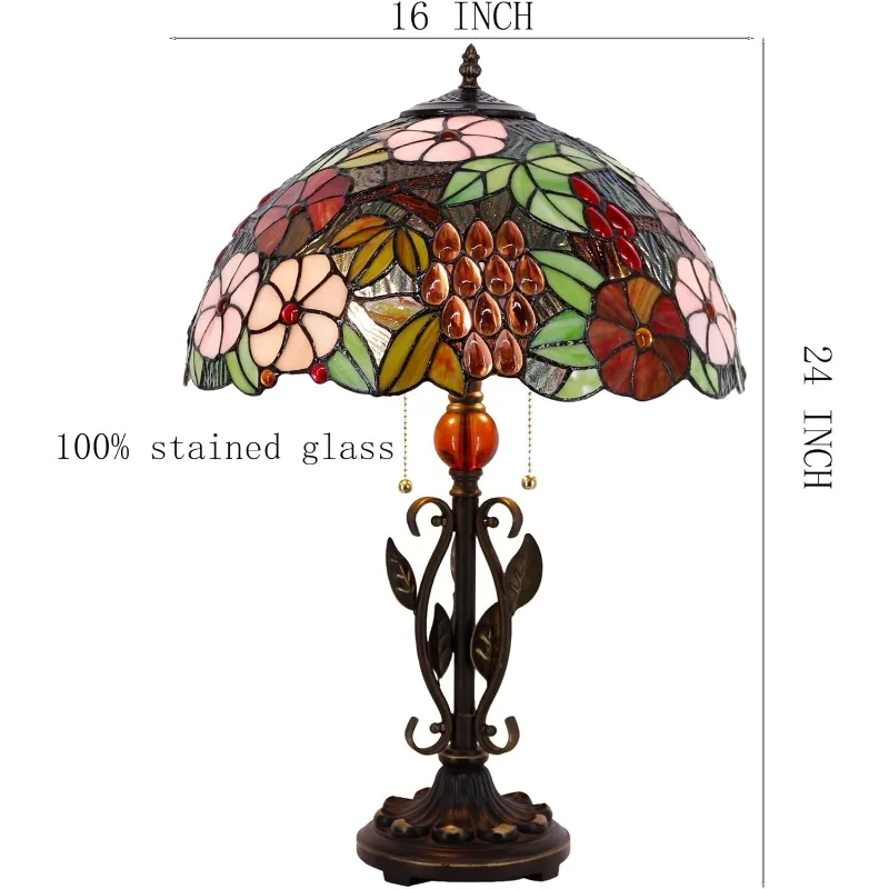 Table Lamp Stained Glass Desk Reading Light 16X16X24 Inch Metal Leaf for Bedroom Living Room Home Office-Grapes