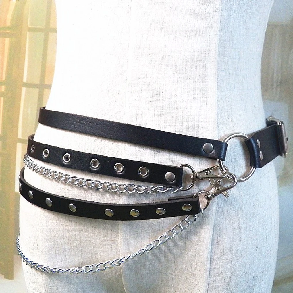 Women Punk Waist Chain Gothic Style Metal Circle Ring Multi-layer Leather Black Waistband Adjustable Jeans Belt