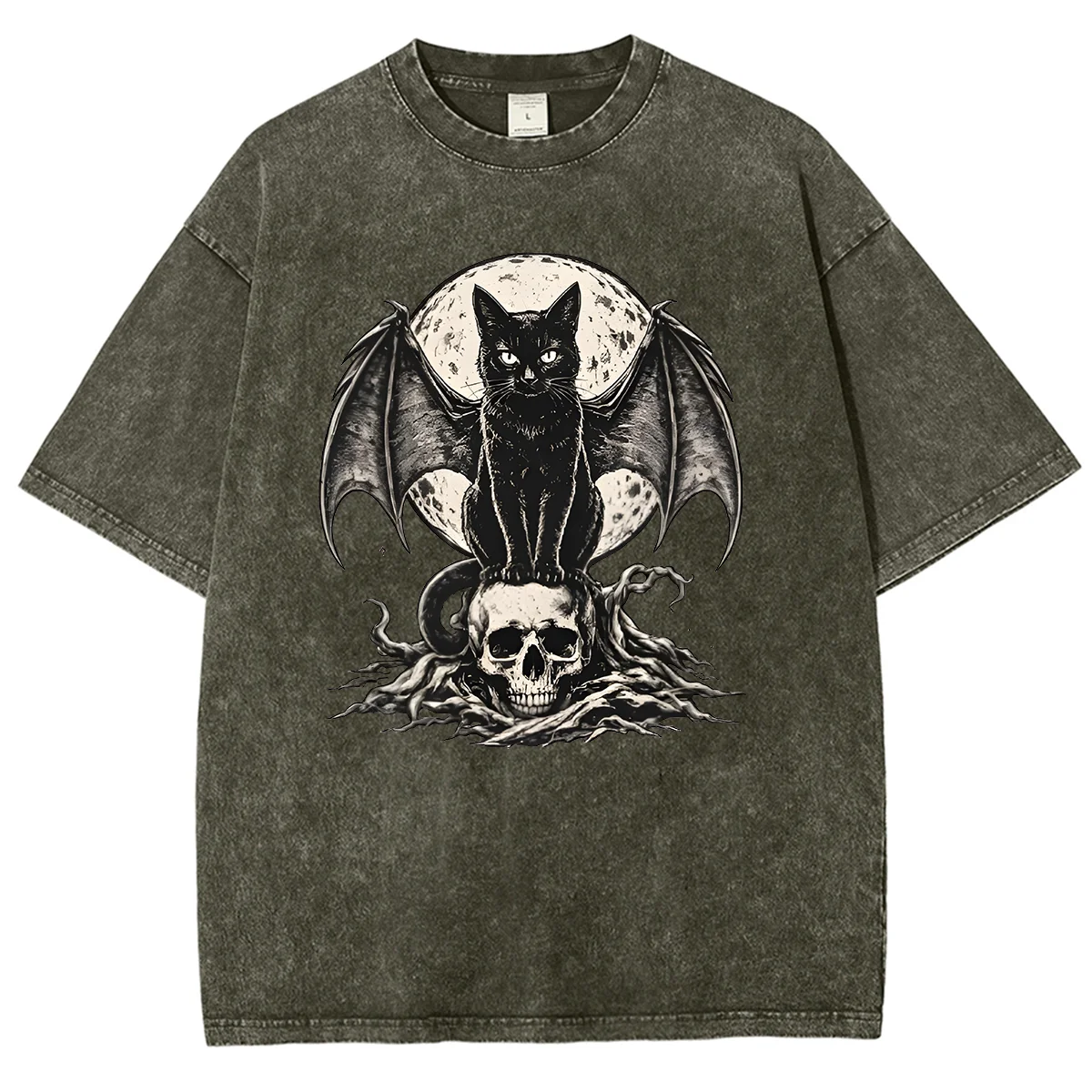 Gothic Black Cat With Bat Wings Skull Full Moon Graphic T‑Shirt Vintage Washed Short Sleeve Tee Halloween Dark Witchy Streetwear