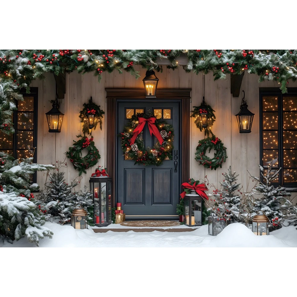 الشتاء عيد الميلاد التصوير خلفية المدخل اكاليل الثلوج شجرة عيد الميلاد الهدايا بريق أضواء الاطفال حفلة صورة خلفية الصورة